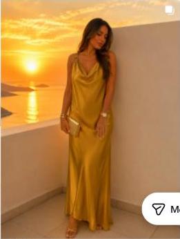 Model in a gold satin dress at sunset, Watermellon Concept Store