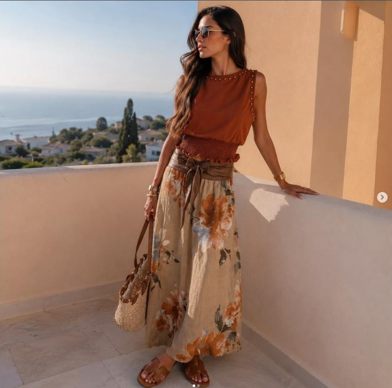 Model in a rust-orange dress on a terrace, Watermellon Concept Store